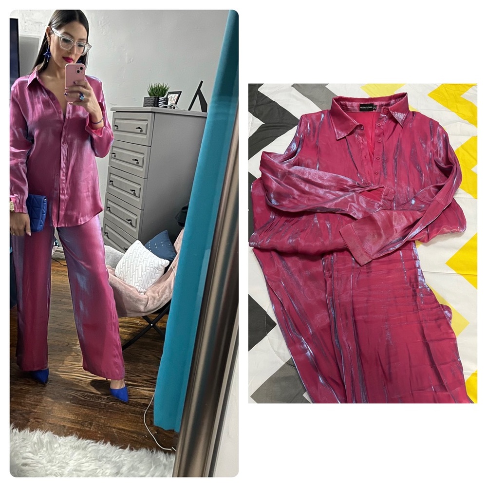 PLT “Hot Pink High Shine Oversized Shirt & High Waisted Wide Leg Pants”